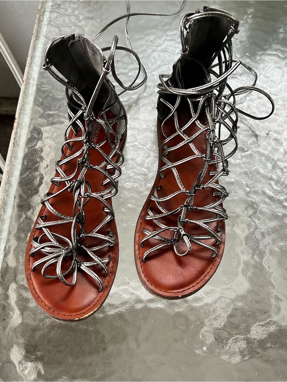 Women’s Gladiator Lace-Up Sandals in Metallic Silver and Chestnut